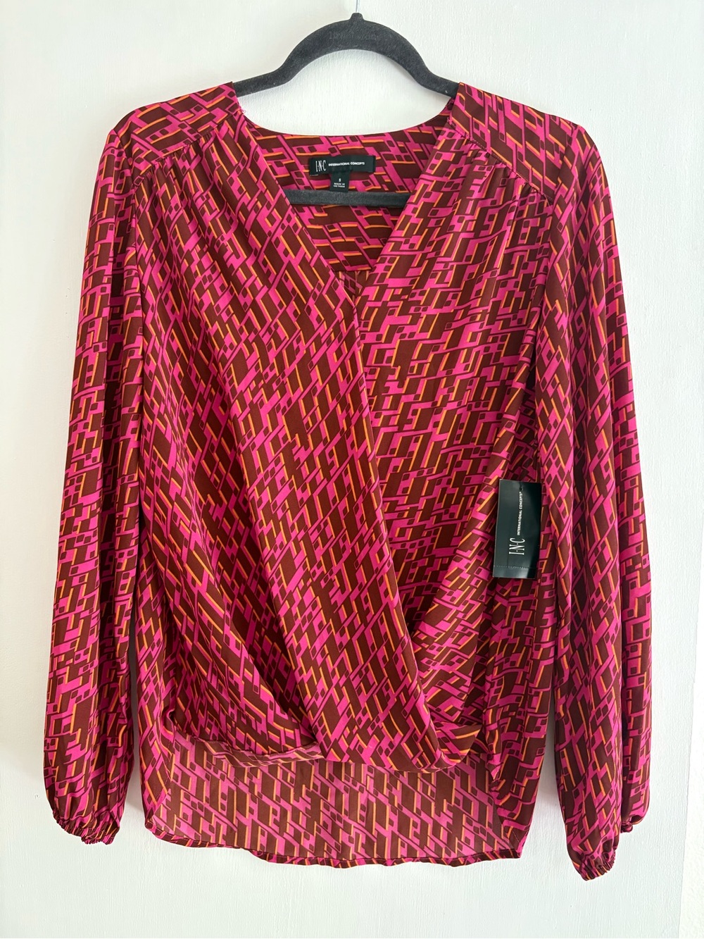 INC International Concepts Pink and Brown Geometric Surplice Blouse